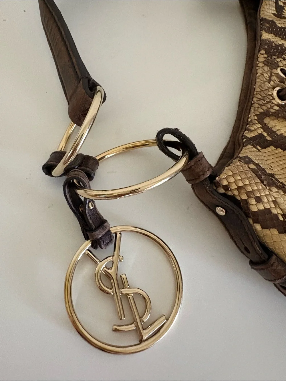 Yves Saint Laurent Brown and Tan Snake-Print Hobo with Gold Rings